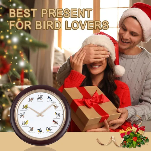 Miniatura 7 de Reloj de pared de pájaro cantante con canciones reales de pájaros de 13.3 pulgadas, movimiento silencioso sin tictac, reloj decorativo de animales