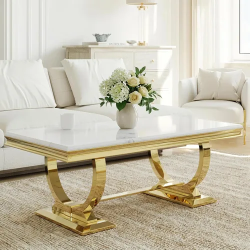 Asday Mesa de centro dorada y blanca, mesa de centro rectangular de mármol dorado, mesa central elegante de lujo para sala de estar, pasillo de