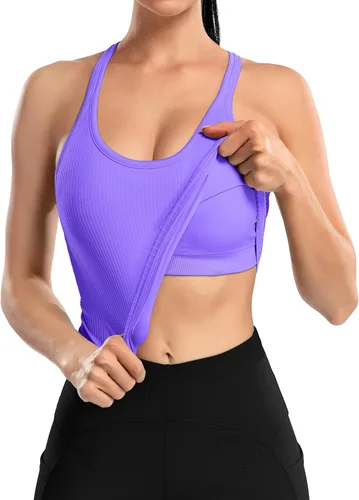 Miniatura 2 de ATTRACO Camiseta corta acanalada de entrenamiento para mujer con brasier integrado para yoga, espalda cruzada, ajuste ajustado