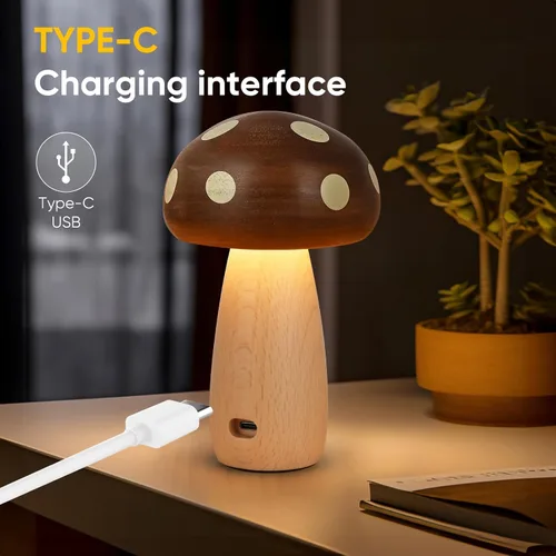Miniatura 6 de LONRISWAY Paquete de 2 lámparas de mesa LED de madera con forma de hongo, lámparas pequeñas recargables inalámbricas táctiles, luz nocturna