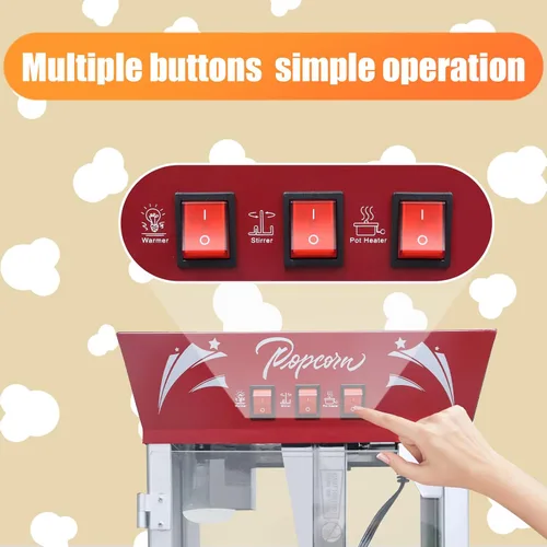 Miniatura 2 de Máquina comercial de palomitas de maíz de 12 onzas, máquina de palomitas de maíz de acero inoxidable con vidrio templado y plataforma de Rojo