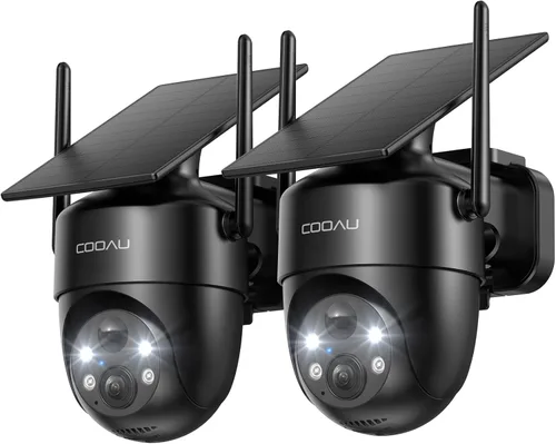 Cámaras COOAU para seguridad del hogar, cámaras de seguridad solar inalámbricas de 2K 360° para exteriores, recargables en condiciones de poca luz,