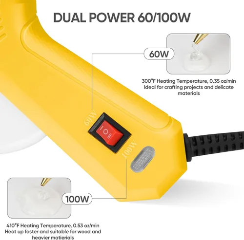 Miniatura 3 de ROMECH Pistola de pegamento caliente de tamaño completo con 60/100 W de doble potencia y 21 barras de pegamento caliente (7/16 pulgadas), Amarillo