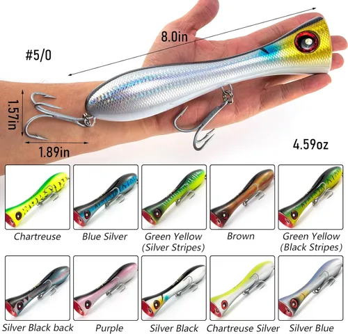 Miniatura 2 de Dr.Fish Topwater Popper Señuelos de pesca de agua salada, 8 pulgadas GT Popper VMC anzuelos agudos señuelos de pesca de surf para Striper Atún