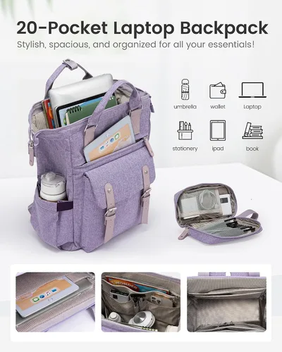 Miniatura 3 de LOVEVOOK - Mochila para laptop de mujer, bolsa de trabajo, viaje, mochilas para computadora, bolsa para enfermeras y maestras, Violeta Negro, 15,6