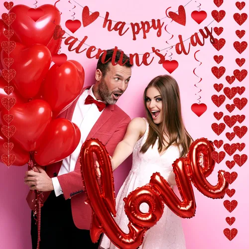 Miniatura 7 de Juego de 22 decoraciones para el día de San Valentín premontadas, espirales de corazón colgantes con texto en inglés «Happy Valentine», guirnaldas
