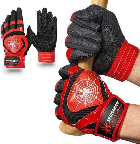 J&S Sporting Spider Grip - Guantes de bateo de béisbol antideslizantes - Agarre antideslizante duradero para hombres y jóvenes jugadores Negro rojo