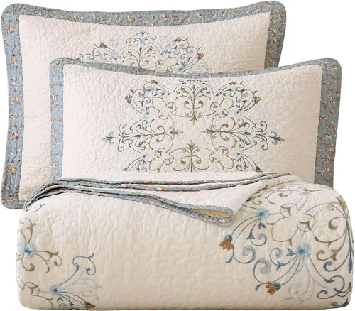 vctops Juego de edredón acolchado bordado floral bohemio de 3 piezas, tamaño Queen, 100% algodón, ligero y reversible, para todas las estaciones