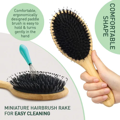 Miniatura 5 de Cepillo de cerdas de jabalí natural para mujeres, hombres y niños; cepillo desenredante seco y húmedo mejora suavemente el brillo, suaviza