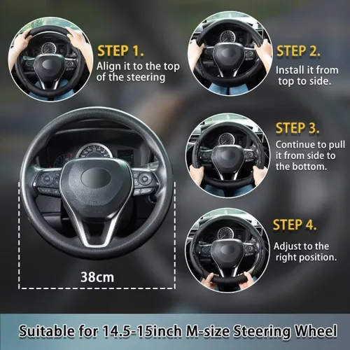 Miniatura 5 de Funda negra para volante de automóvil de fibra de carbono con posavasos universales de 14.5 a 15 pulgadas, microfibra de cuero, transpirable, Negro02