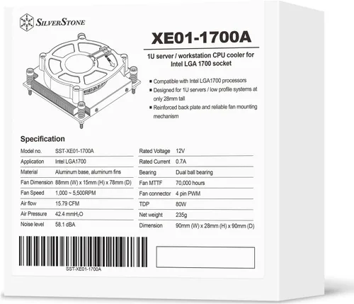 Miniatura 9 de SilverStone Technology XE01-1700A 1U Servidor/estación de trabajo Enfriador de CPU para LGA 1700 y LGA1851socket, SST-XE01-1700A