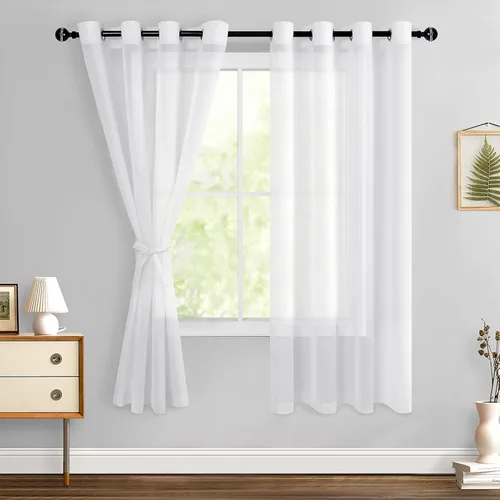 Miniatura 50 de Hiasan - Cortinas traslúcidas de gasa cortas semitransparentes con ojales y alzapaños filtrantes de luz para ventana, dormitorio, baño, 2 paneles