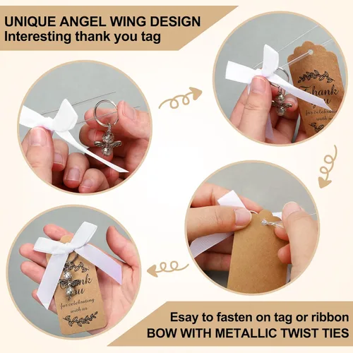 Miniatura 2 de Sureio 40 juegos de llaveros de ángel, regalos de bautismo, llaveros plateados con dije de ángel con etiquetas de agradecimiento y lazos blancos