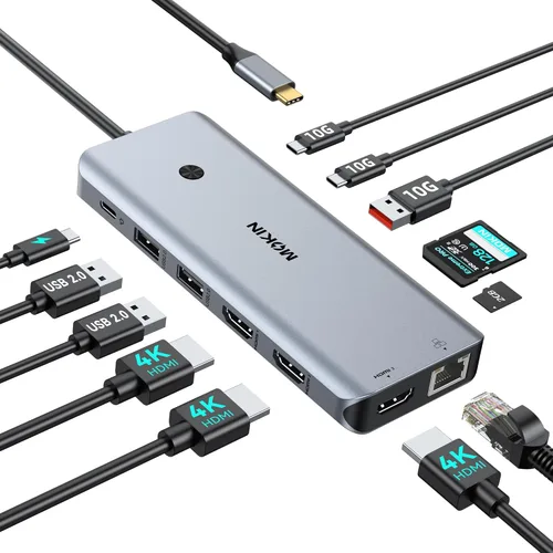 Miniatura 13 de Estación de acoplamiento USB C 3 HDMI, estación de acoplamiento 12 en 1, pantalla triple, base para monitor doble, concentrador USB-C 3 HDMI
