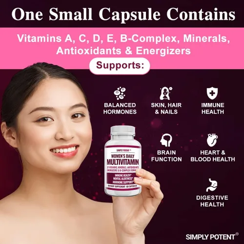 Miniatura 4 de Simply Potent Multivitamínico para mujer – 37 vitaminas y minerales con biotina, vitaminas A C D E B12, folato, zinc, magnesio, calcio y extracto