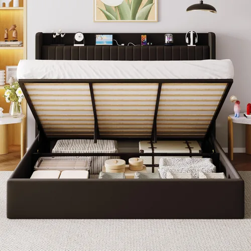 Miniatura 7 de Allewie Base de cama de almacenamiento elevable, tamaño King, cabecera de estante de almacenamiento con estación de carga, puertos tipo C y USB