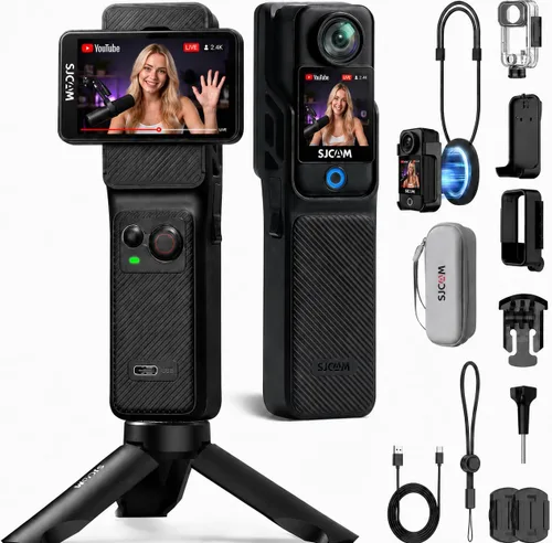 SJCAM C400 4K Travel Vlogging Cámara,Cámara corporal de grabación 7H para creadores y bloggers de YouTube, estabilizador de 6 ejes y pantalla táctil