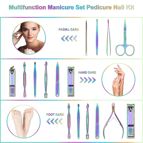 Miniatura 3 de ANRUI Juego de manicura para cortaúñas y pedicura, kit de 12 piezas de uñas de acero inoxidable, colorido kit profesional de cuidado de uñas, limas