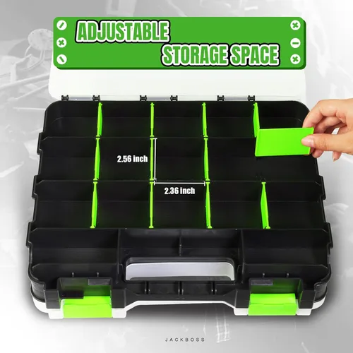 Miniatura 3 de Jack Boss Caja de herramientas con tapa transparente, caja organizadora de 34 compartimentos de doble cara con divisores extraíbles para herrajes