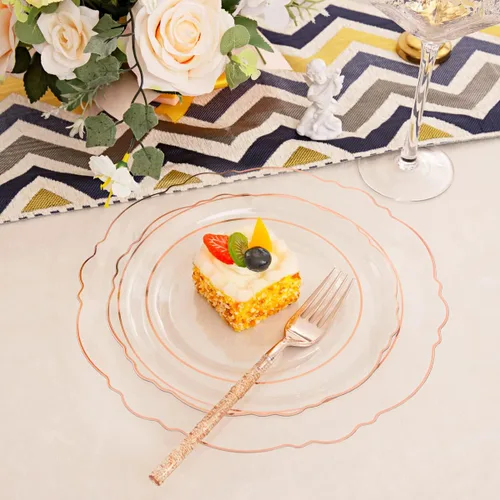Miniatura 8 de Liacere 150 platos de plástico color oro rosa, platos desechables de oro rosa transparente con mango de bambú con purpurina, 60 platos barrocos