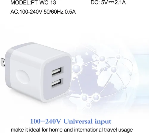 Miniatura 2 de Cargador de pared USB, bloque de carga, paquete de 2 unidades de 2.1 A/5 V, enchufe de pared USB de doble puerto, ladrillo de carga, caja de carga