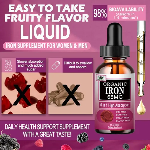 Miniatura 6 de Suplemento de hierro para mujeres con vitamina C, suplemento líquido 6 en 1 con vitamina B12, vitamina B6, gotas de hierro líquido de alta absorción