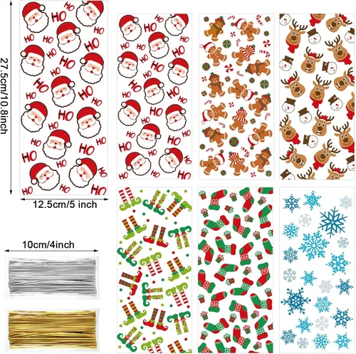Miniatura 3 de Blulu 180 bolsas de fiesta de Navidad, bolsas de plástico de celofán de Papá Noel con 200 lazos dorados y plateados para vacaciones, fiestas