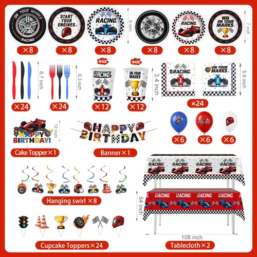 Miniatura 2 de 198 piezas de decoración de fiesta de cumpleaños de autos de carreras (sirve 24), decoraciones de cumpleaños de carreras que incluyen pancartas