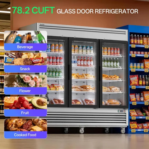 Miniatura 3 de Coolski Refrigerador comercial de bebidas de 3 puertas de 82 pulgadas de ancho, refrigerador de 78.2 pies cúbicos con pantalla de puerta de vidrio