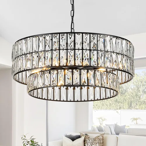Miniatura 23 de Lámpara Colgante de Cristal de 4 Luces Araña Moderna Negra Pequeña de 12" Cristal Semi Empotrada Luz de Techo Redonda para Isla de Cocina, Negro