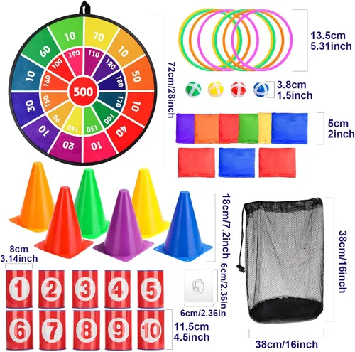 Miniatura 2 de Hungdao Juego de 3 juegos de carnaval, tablero de dardos con bolas de plástico, conos de plástico, bolsas de frijol, juego de lanzamiento