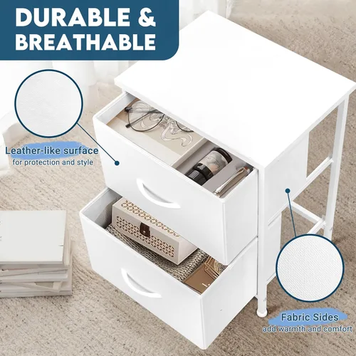 Miniatura 5 de LOFTEY Mesita de noche blanca, mesita de noche con 2 cajones de tela, mesita de noche para niños pequeños para dormitorio, mesa auxiliar de cama