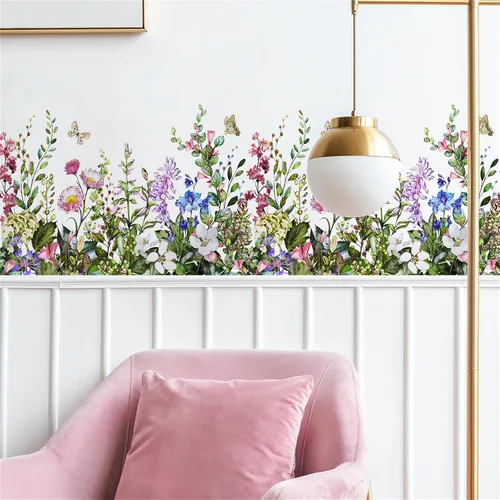 Calcomanía de pared de flores coloridas y mariposas, arte floral de sacinora con plantas verdes, vinilo extraíble para despegar y pegar para sala de