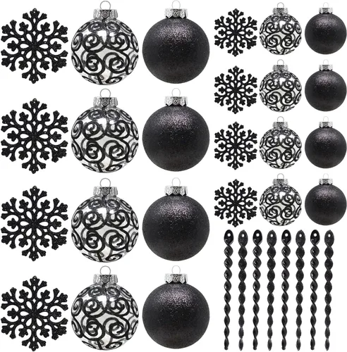 Miniatura 13 de Adornos de Navidad Negros – Decoraciones de Árbol de Vacaciones de Plástico Irrompible de 32 Piezas, 16 Bolas de Nieve con Purpurina (3.15"/2.36")
