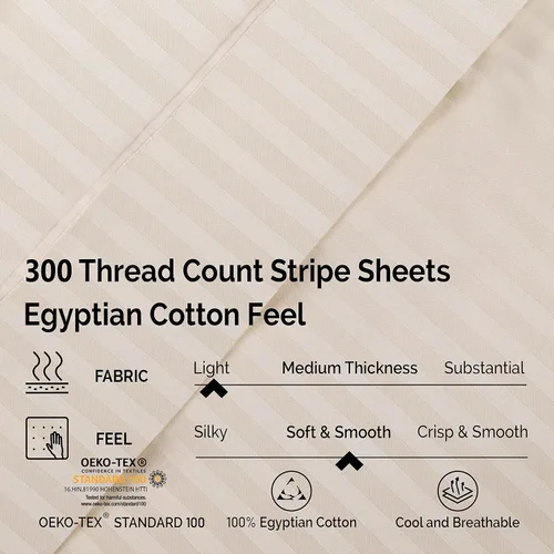 Miniatura 5 de Superior Egyptian Cotton 300 Thread Count Bed Sheet Set, 1 Elastic Deep Pocket Fitted Sheet, 1 Flat Sheet, 2 Pillowcases, Daily Sheets, Luxury Home