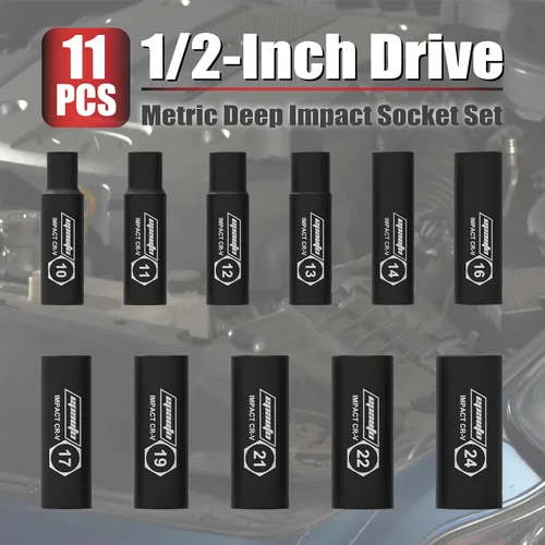 Miniatura 3 de EPAuto Juego de llaves métricas de impacto profundo de 1/2 pulgada, Cr-V, 6 puntos, 11 enchufes + 5 piezas, adaptador de enchufe de impacto y juego