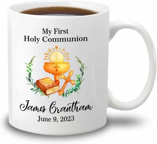 Tazas personalizadas de la Santa Comunión de 11 onzas y 15 onzas, taza de café blanca con texto en inglés "My First Holy Communion", regalos para la