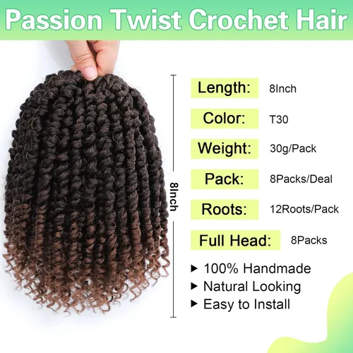 Extensiones de Pelo Passion Twist de 8 Pulgadas 8 Paquetes de Pelo de Ganchillo Passion Twist Pre Trenzado Pelo Rizado de Ganchillo Pelo Corto de