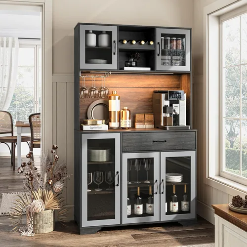 Miniatura 11 de Fatmok - Armario de despensa de 71 pulgadas, gabinete de almacenamiento para barra de café con estación de carga y luces LED, alacena alta de cocina
