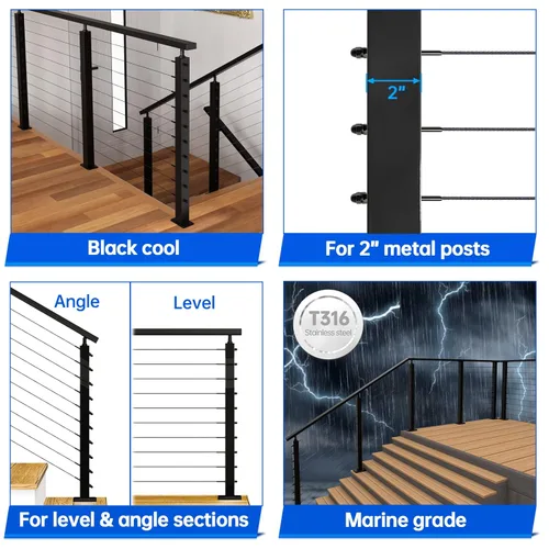 Miniatura 3 de Muzata Paquete de 10 accesorios de barandilla de cable negro de 1/8 pulgadas, tensor roscado a mano para poste de metal de 2 x 2 pulgadas, sistema