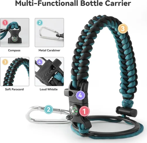 Miniatura 5 de Botella de agua aislada de 64 onzas con tapas de pajita y boquilla, jarra de agua de acero inoxidable de medio galón con mango de paracord, vacío