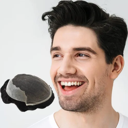 Miniatura 87 de Toupee para hombres pieza de pelo suave suizo encaje real sistema de cabello humano reemplazo blanqueado nudo mens tupé sistema de pelo para hombres