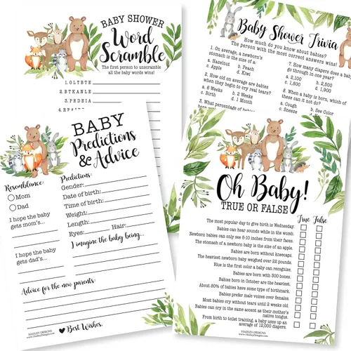 Miniatura 13 de Hadley Designs Juegos de baby shower para 25 invitados – Woodland Baby Shower Juego de palabras Scramble, verdadero o falso, juego de baby shower