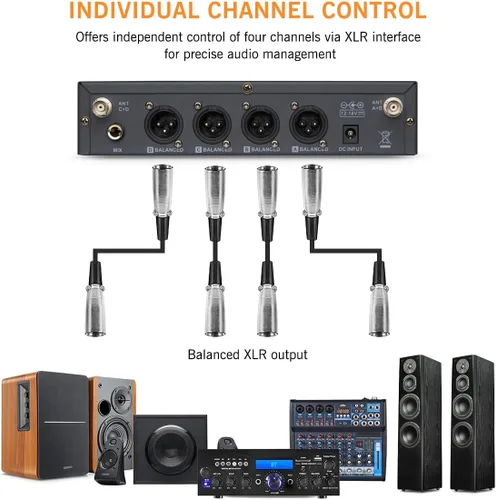 Miniatura 7 de Sistema de micrófono inalámbrico, micrófono inalámbrico UHF ajustable de 4 canales, carcasa de metal, micrófono inalámbrico vocal para iglesia