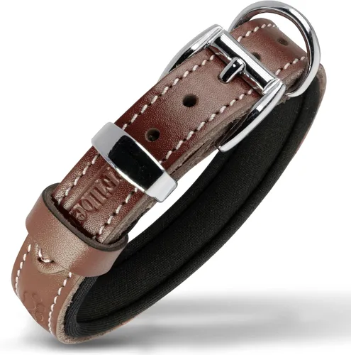 Miniatura 29 de Filbert Collar de cuero para perro, collar de cuero genuino para perros pequeños, estampado de patas en relieve con hebilla, grano completo curtido