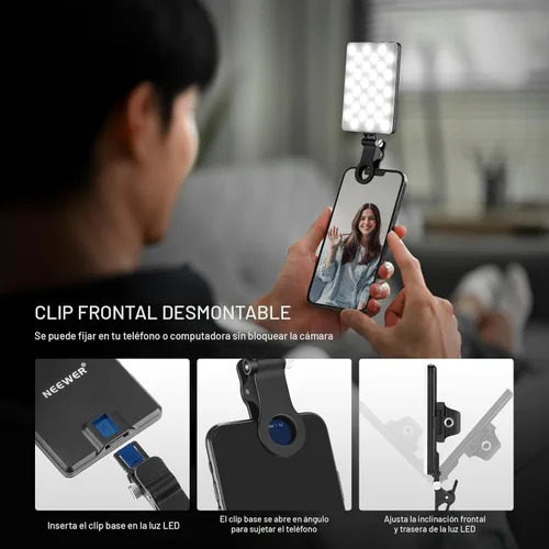 Miniatura 7 de NEEWER Basics NL-60AI - Luz para selfie para teléfono con clip frontal y trasero, 60 LED 2000 mAh recargable CRI95+, 3 modos, iluminación de relleno