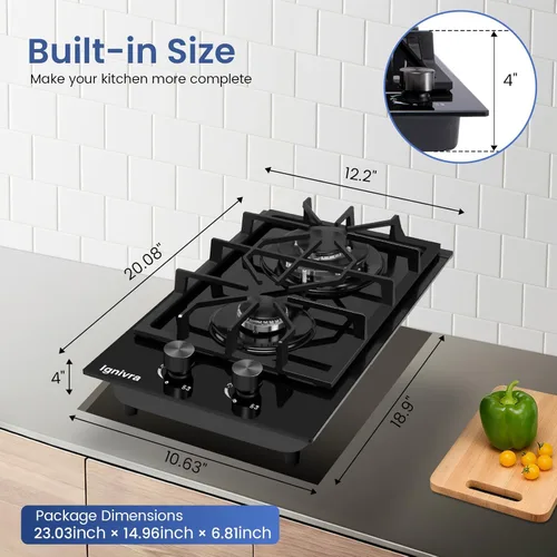 Miniatura 2 de Placa de cocina de gas con 2 quemadores, estufa de gas integrada de 12000 W, estufa de gas de vidrio templado de cristal negro, estufa de propano