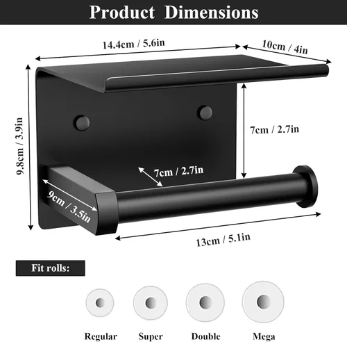 Miniatura 3 de Tindbea Soporte de papel higiénico con estante para teléfono, soporte de rollo de papel higiénico de adhesivo o tornillo, soporte de almacenamiento