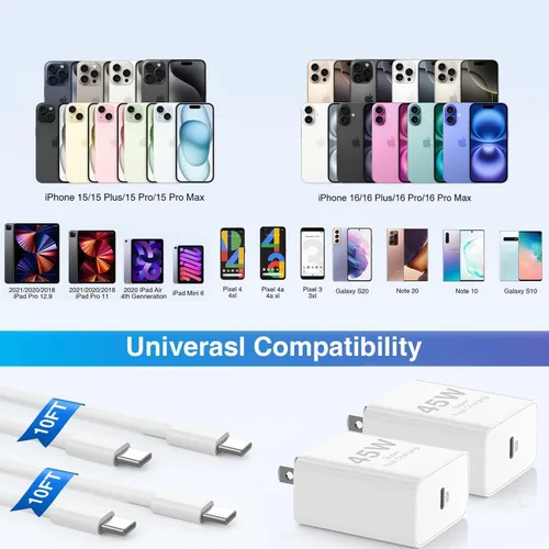 Miniatura 7 de 𝟐Pack 𝟒𝟓W Cargador Rápido para iPhone 17 16 15, Bloque de Carga USB C y Cable de 10 pies Tipo C a C Largo para Apple iPhone 17 Pro Max/17 Air/16
