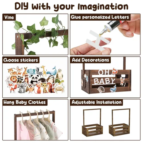 Miniatura 5 de Cesta de regalo para baby shower, caja de madera, letras de madera personalizadas y perchas para ropa recién nacido, regalos para bebés, niñas